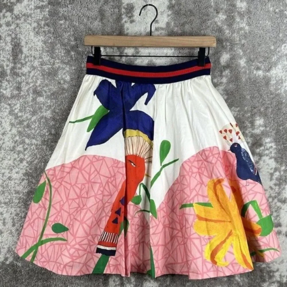 Alice + Olivia Earla Bird Print High Waist Flare A Line Pleated Skirt Womens 2